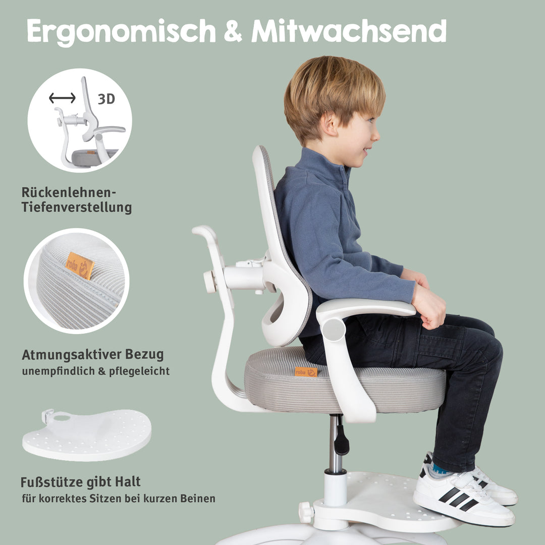 Kinderbürostuhl Smart Grow 3D - Ergonomischer Drehstuhl - Höhenverstellbar - Weiß / Grau