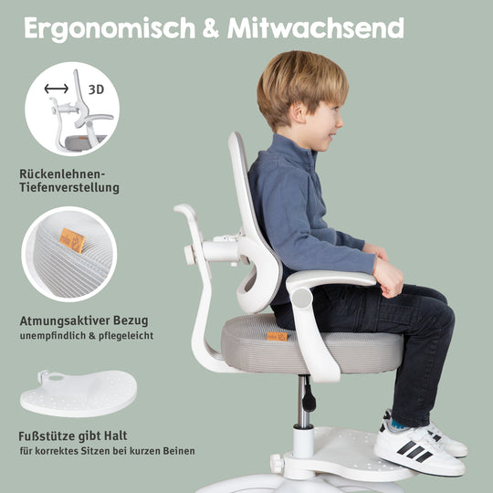 Kinderbürostuhl Smart Grow 3D - Ergonomischer Drehstuhl - Höhenverstellbar - Weiß / Grau