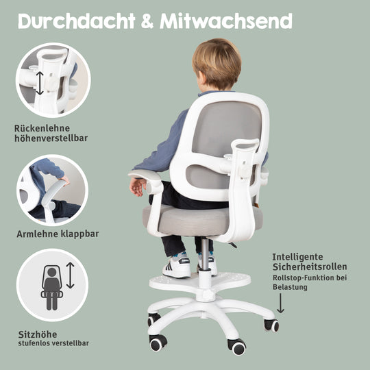 Kinderbürostuhl Smart Grow 3D - Ergonomischer Drehstuhl - Höhenverstellbar - Weiß / Grau
