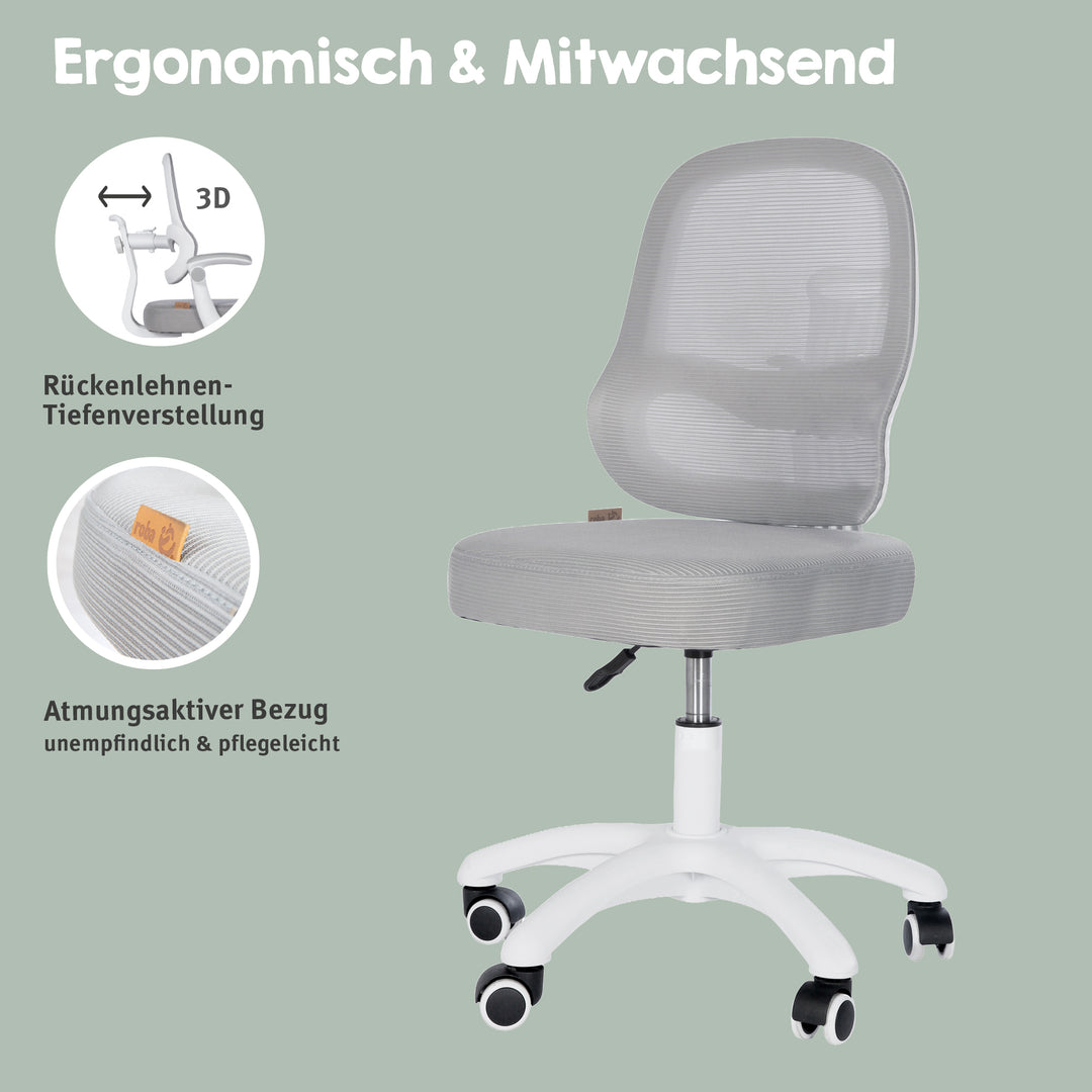 Kinderbürostuhl Smart Grow 3D - Ergonomischer Drehstuhl - Höhenverstellbar - Weiß / Grau