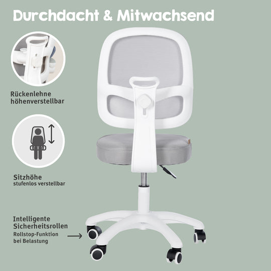 Kinderbürostuhl Smart Grow 3D - Ergonomischer Drehstuhl - Höhenverstellbar - Weiß / Grau