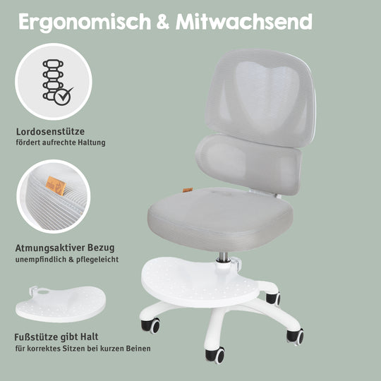 Kinderbürostuhl Smart Grow Premium - Ergonomischer Drehstuhl - Höhenverstellbar - Weiß / Grau