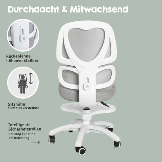 Kinderbürostuhl Smart Grow Premium - Ergonomischer Drehstuhl - Höhenverstellbar - Weiß / Grau