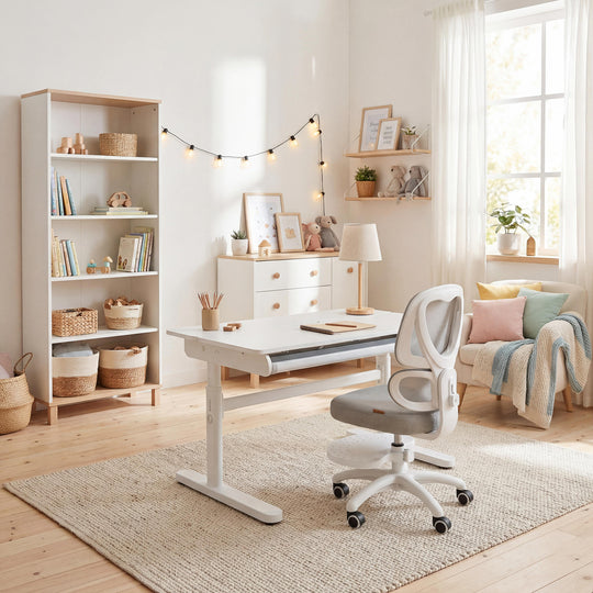 Kinderbürostuhl Smart Grow Premium - Ergonomischer Drehstuhl - Höhenverstellbar - Weiß / Grau