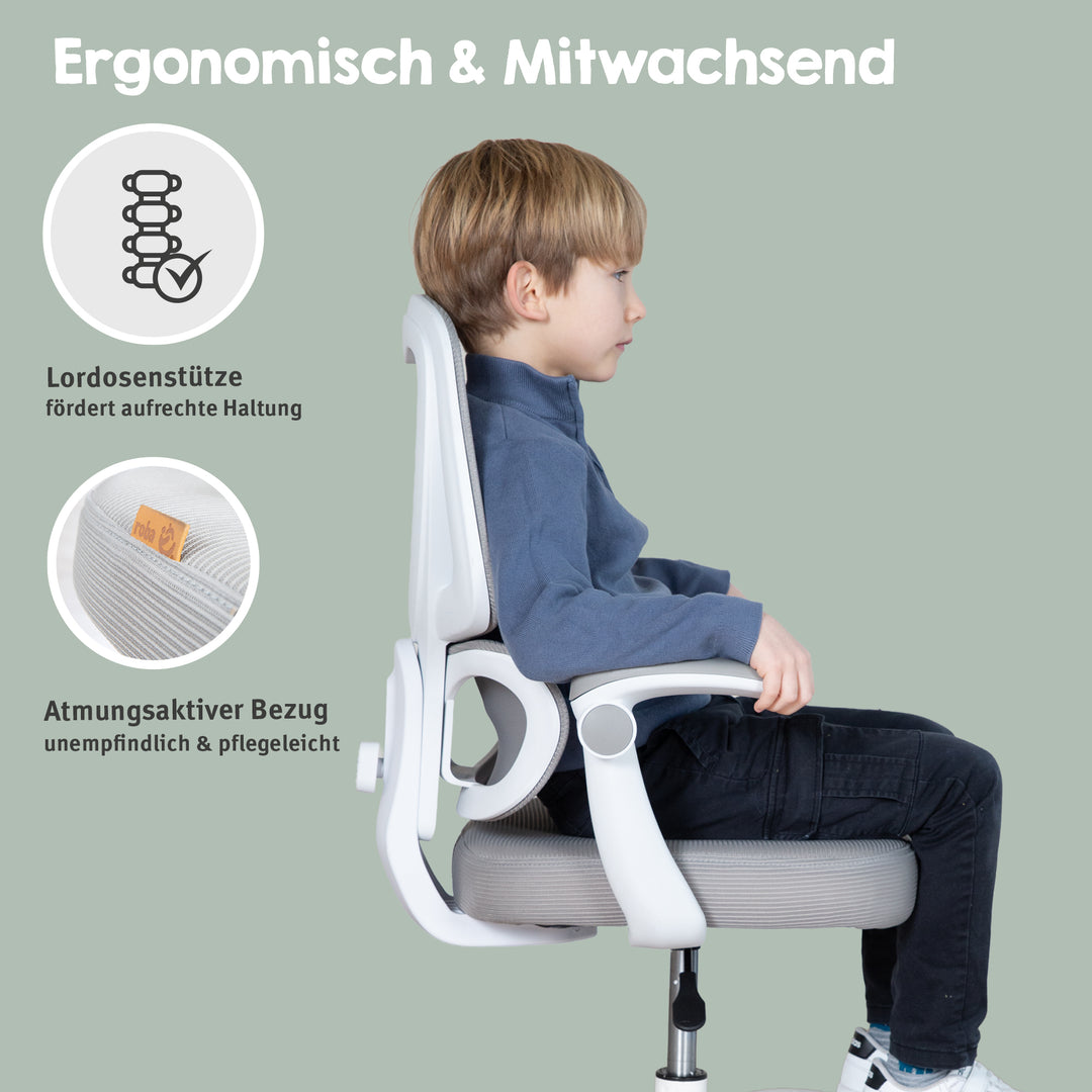 Kinderbürostuhl Smart Grow Premium - Ergonomischer Drehstuhl - Höhenverstellbar - Weiß / Grau