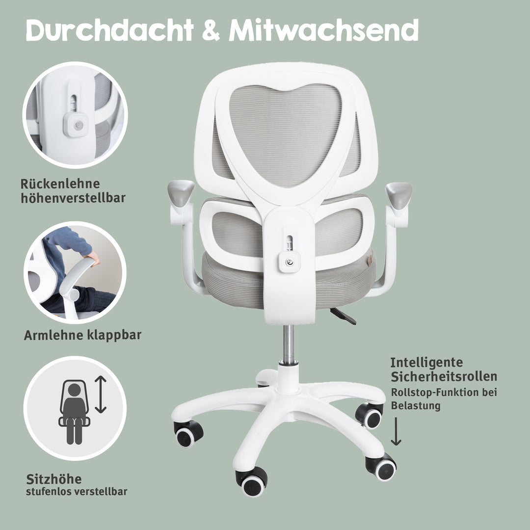 Kinderbürostuhl Smart Grow Premium - Ergonomischer Drehstuhl - Höhenverstellbar - Weiß / Grau