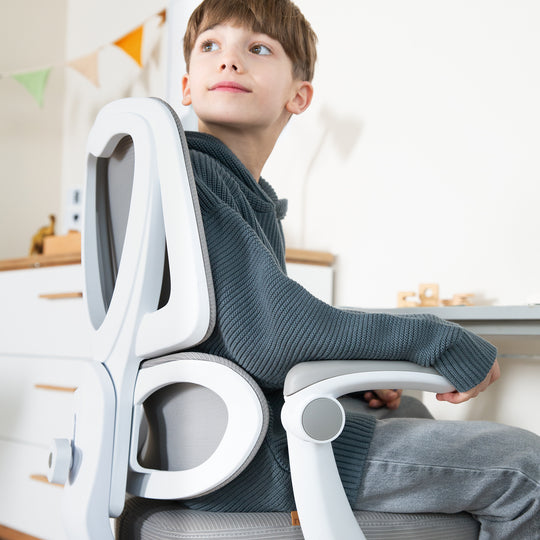 Kinderbürostuhl Smart Grow Premium - Ergonomischer Drehstuhl - Höhenverstellbar - Weiß / Grau
