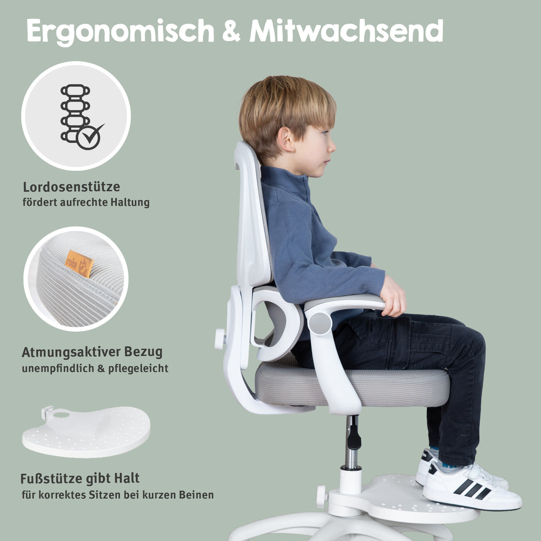 Kinderbürostuhl Smart Grow Premium - Ergonomischer Drehstuhl - Höhenverstellbar - Weiß / Grau