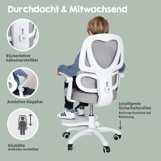 Kinderbürostuhl Smart Grow Premium - Ergonomischer Drehstuhl - Höhenverstellbar - Weiß / Grau