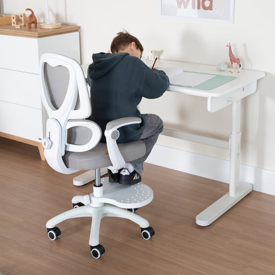 Kinderbürostuhl Smart Grow Premium - Ergonomischer Drehstuhl - Höhenverstellbar - Weiß / Grau