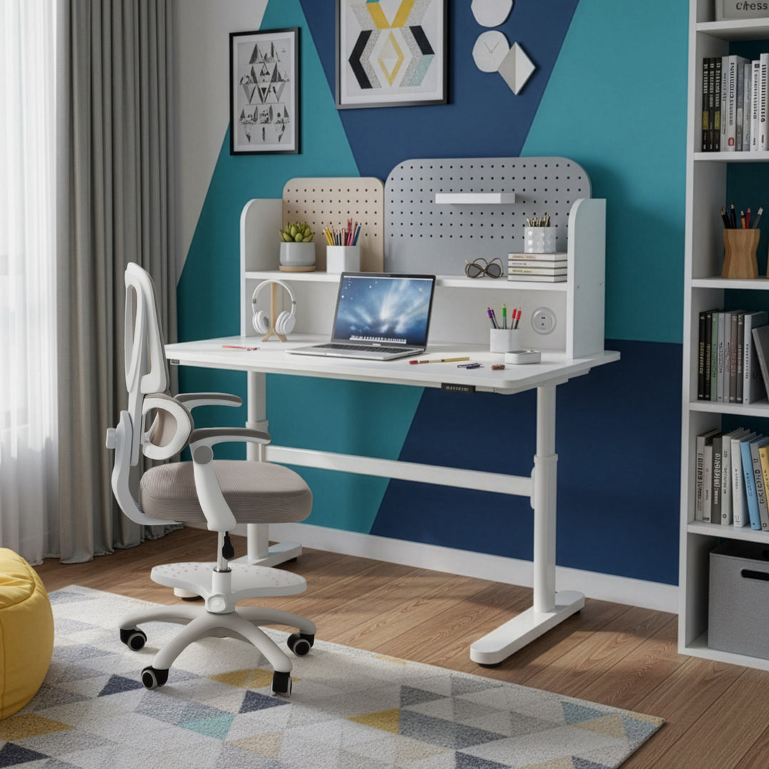 Kinderbürostuhl Smart Grow Premium - Ergonomischer Drehstuhl - Höhenverstellbar - Weiß / Grau
