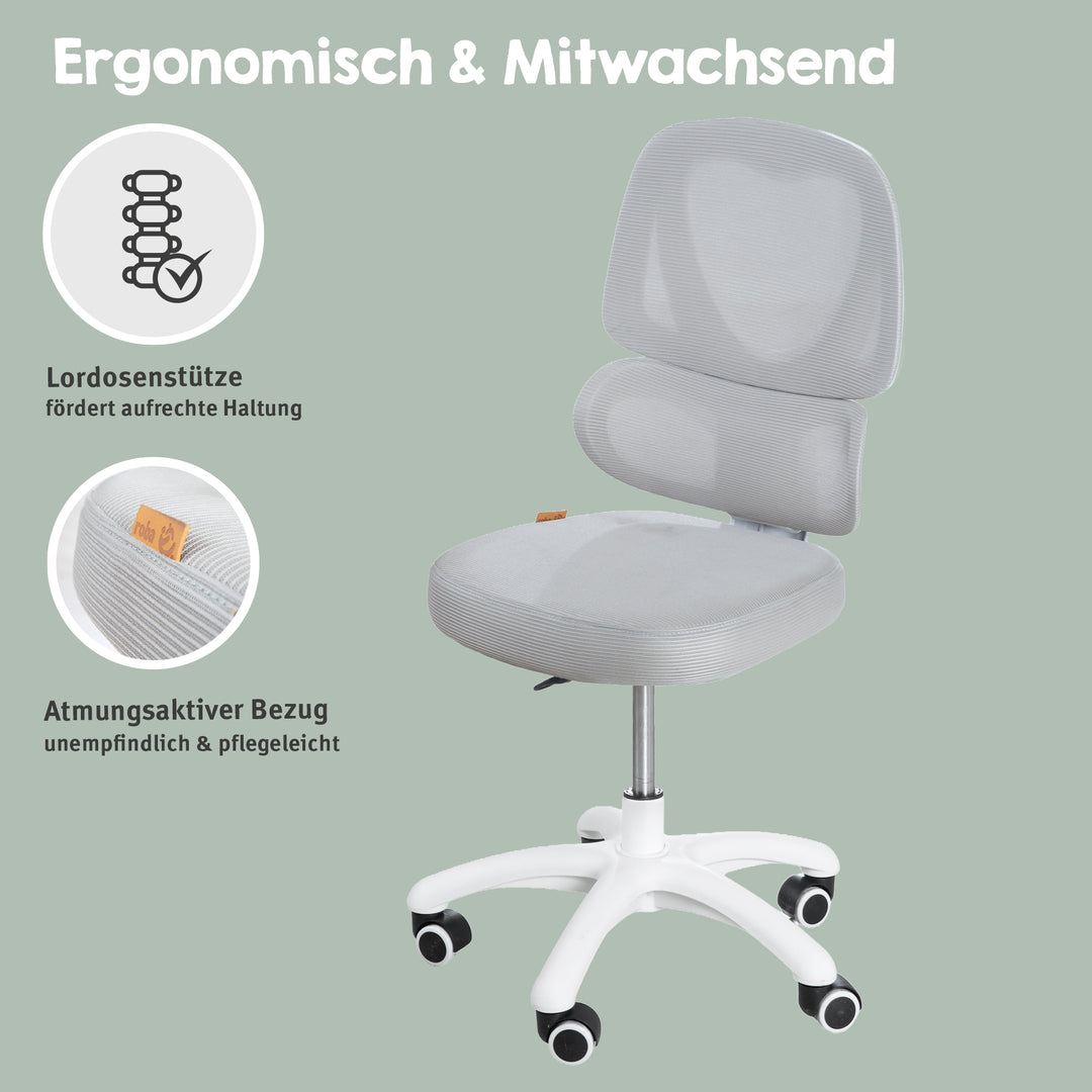 Kinderbürostuhl Smart Grow Premium - Ergonomischer Drehstuhl - Höhenverstellbar - Weiß / Grau