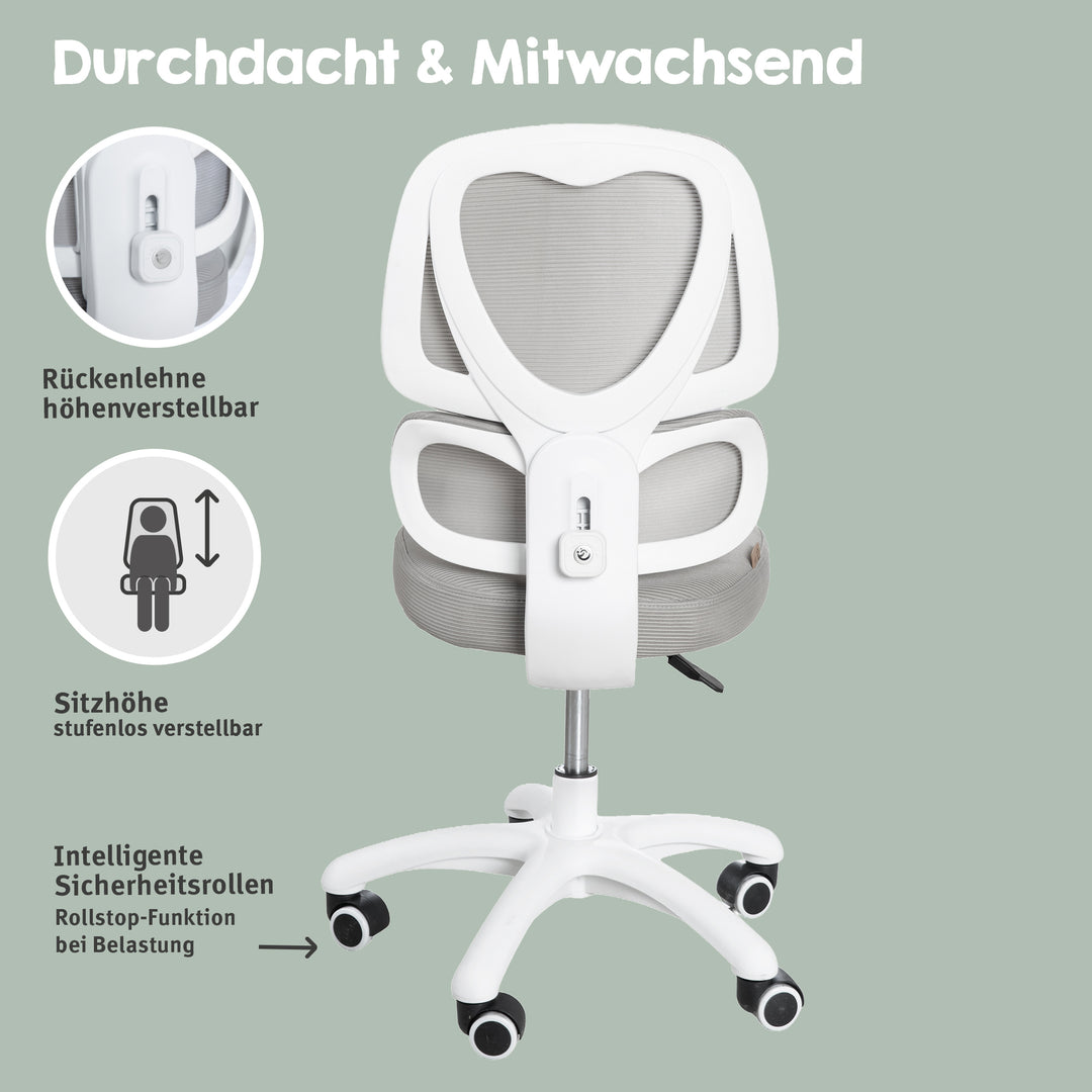 Kinderbürostuhl Smart Grow Premium - Ergonomischer Drehstuhl - Höhenverstellbar - Weiß / Grau