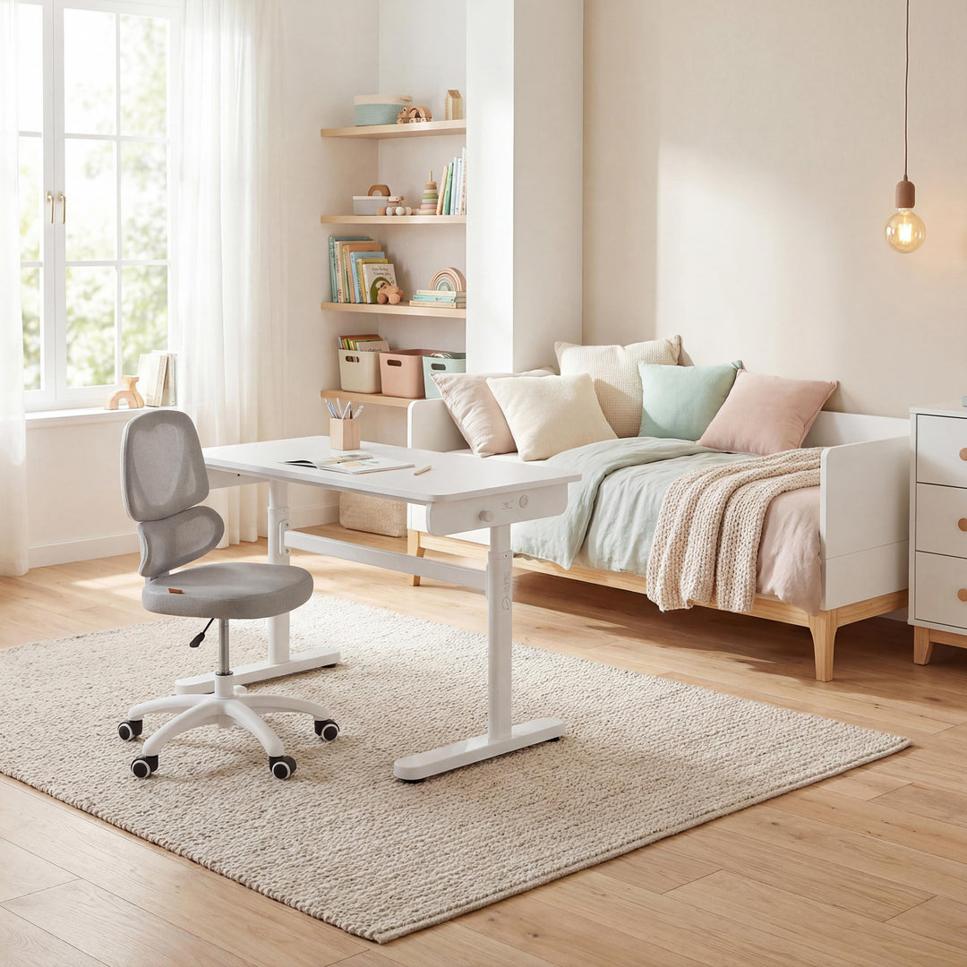 Kinderbürostuhl Smart Grow Premium - Ergonomischer Drehstuhl - Höhenverstellbar - Weiß / Grau