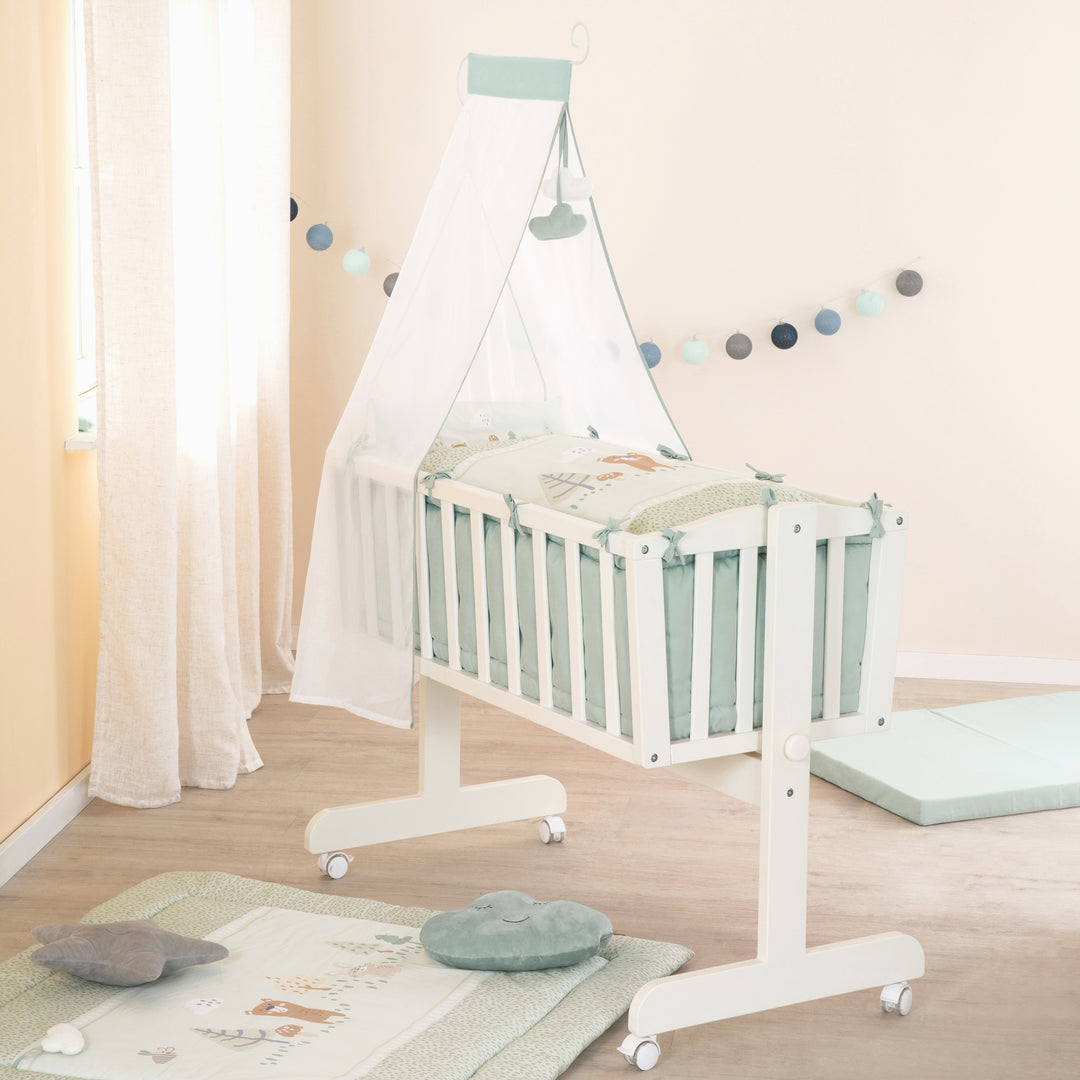 Cuna para bebé 'Woodland Buddies' 40 x 90 cm con accesorios - Madera blanco / Verde pastel