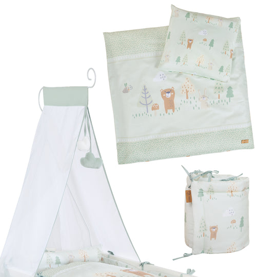 Cuna para bebé 'Woodland Buddies' 40 x 90 cm con accesorios - Madera blanco / Verde pastel