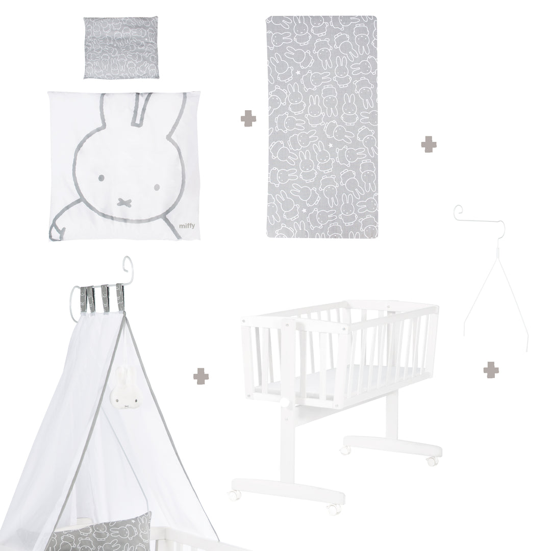 Juego completo de cuna 'miffy®', 40 x 90 cm, blanco, función de bloqueo, incluye accesorios