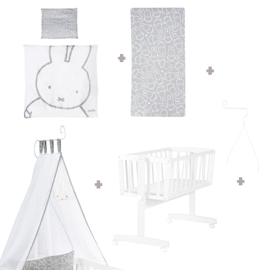 Juego completo de cuna 'miffy®', 40 x 90 cm, blanco, función de bloqueo, incluye accesorios