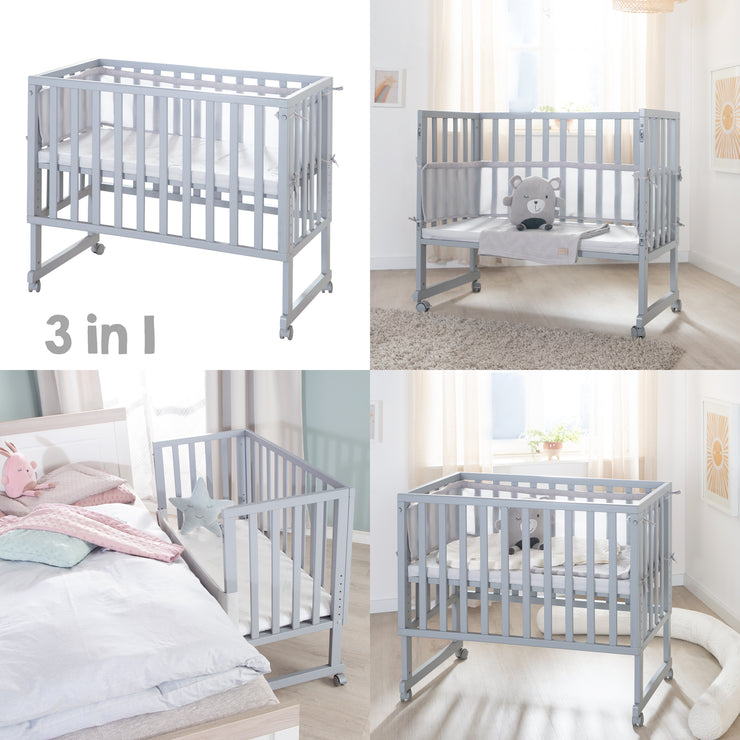 Co-Sleeper 'roba Style' 3 in 1 with barrier, gray wood, incl. mattress & nest