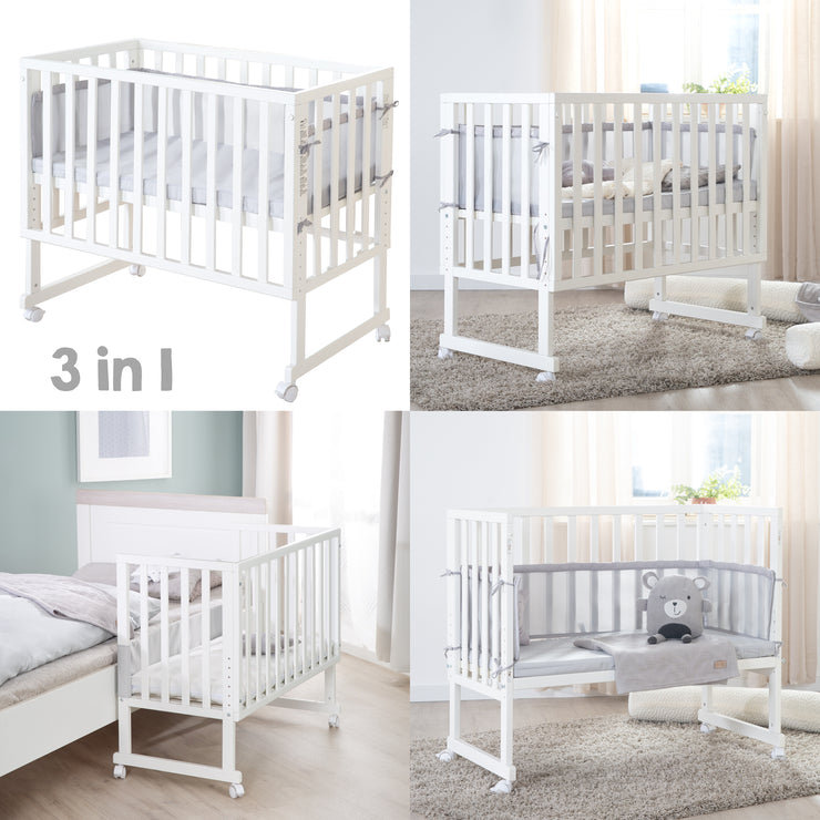 Lit cododo et berceau 'roba Style' 3 en 1 avec barrière, bois blanc, avec matelas et nid