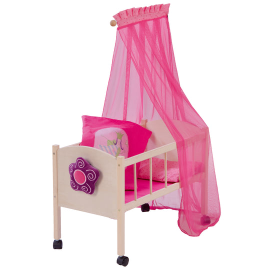 Lit de poupée série 'Happy Fee', bois naturel incl. équipement textile, draps et baldaquin, rose