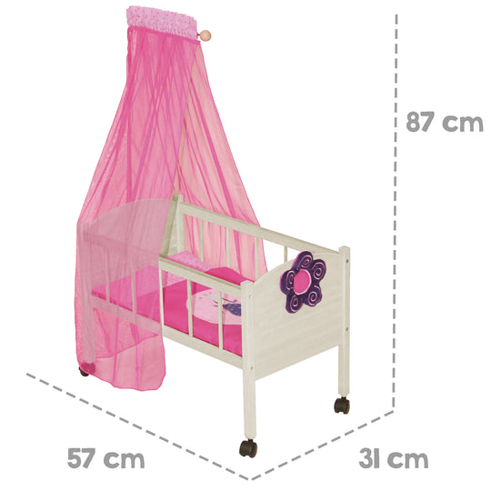 Lit de poupée série 'Happy Fee', bois naturel incl. équipement textile, draps et baldaquin, rose