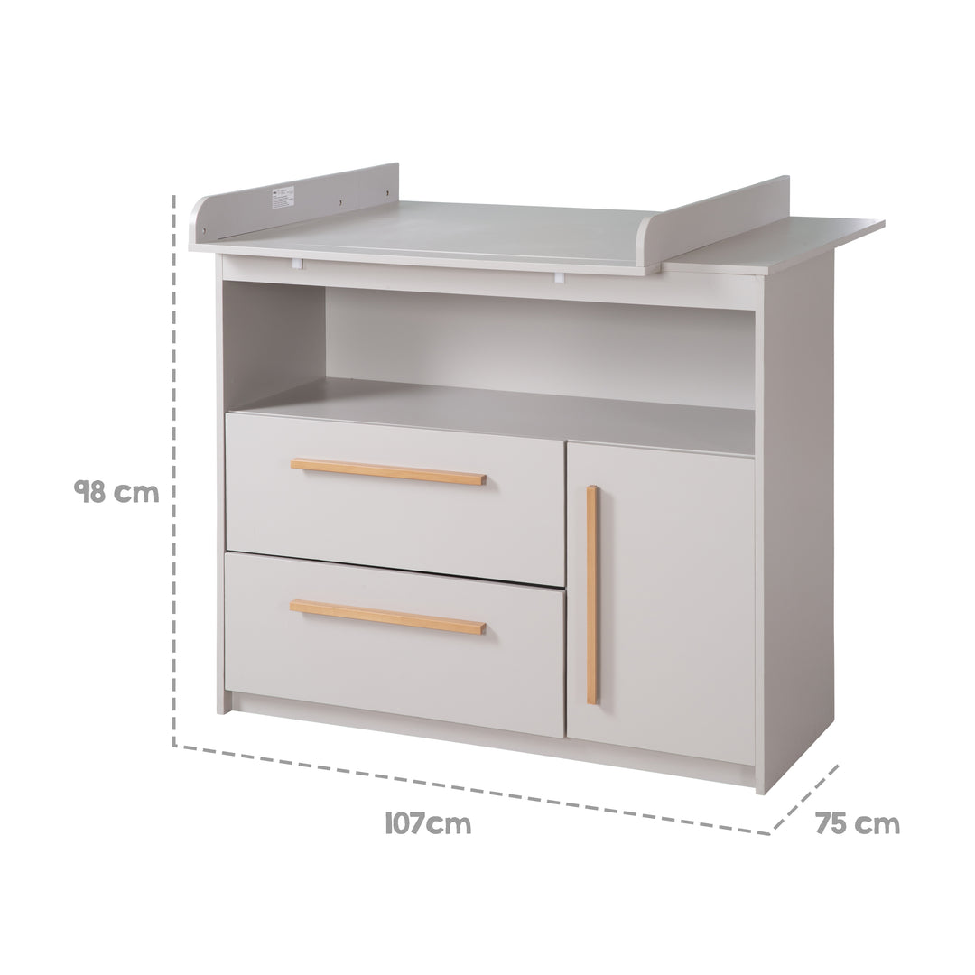 Commode à langer Lea avec matelas à langer amovible - Table à langer avec 2 tiroirs & 1 porte - Poignées en bois - Beige / Gris