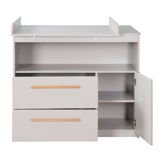 Commode à langer Lea avec matelas à langer amovible - Table à langer avec 2 tiroirs & 1 porte - Poignées en bois - Beige / Gris