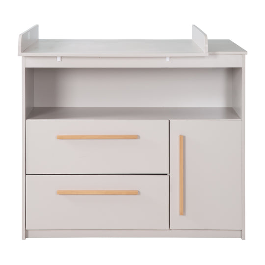 Commode à langer Lea avec matelas à langer amovible - Table à langer avec 2 tiroirs & 1 porte - Poignées en bois - Beige / Gris