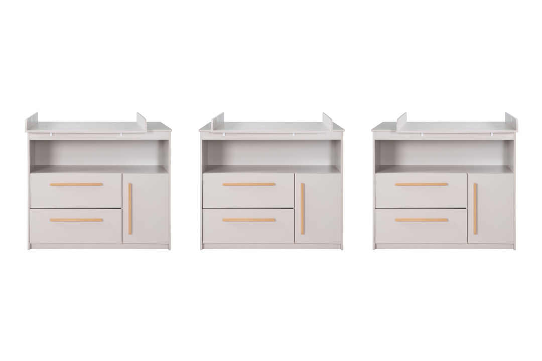 Commode à langer Lea avec matelas à langer amovible - Table à langer avec 2 tiroirs & 1 porte - Poignées en bois - Beige / Gris