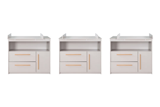 Commode à langer Lea avec matelas à langer amovible - Table à langer avec 2 tiroirs & 1 porte - Poignées en bois - Beige / Gris