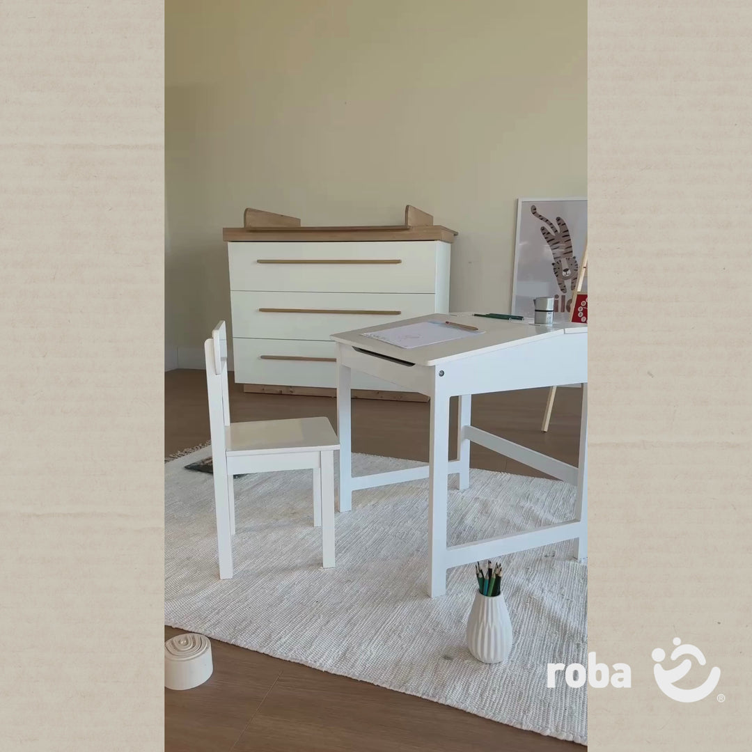 Banco da scuola con sedia, piano del tavolo pieghevole con dispositivi di smorzamento, scanalature di stoccaggio fresate