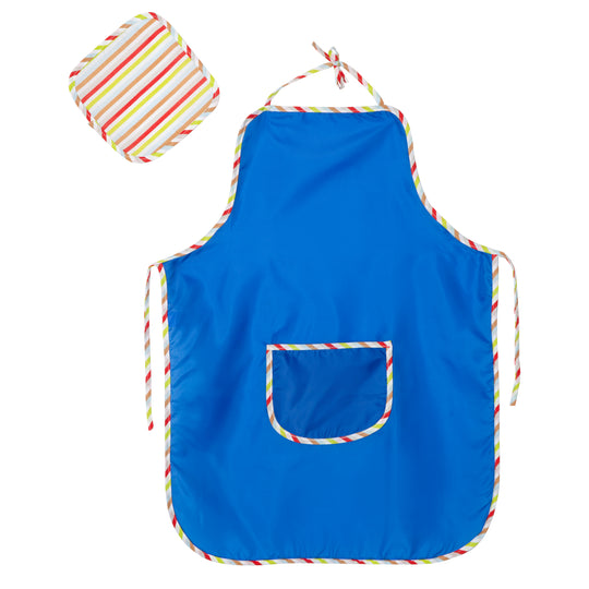 Painting Apron with Cloth, Children's Apron for Painting and Crafting, Blue with Multi-Colored Cloth