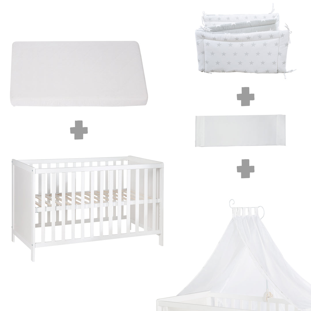 Letto multifunzione con funzione di attacco 60 x 120 cm, bianco, compresa l'attrezzatura da letto