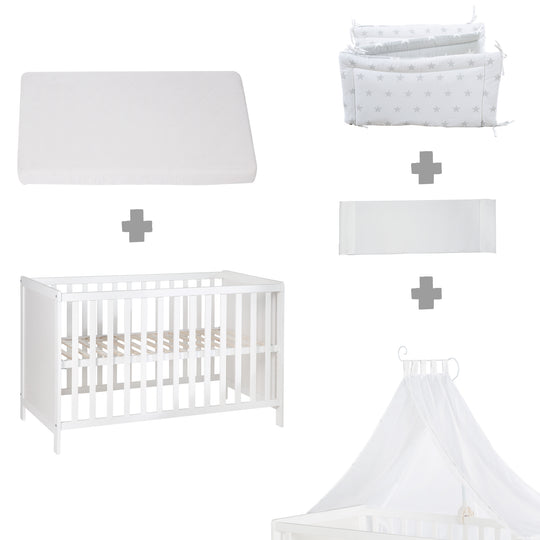 Letto multifunzione con funzione di attacco 60 x 120 cm, bianco, compresa l'attrezzatura da letto