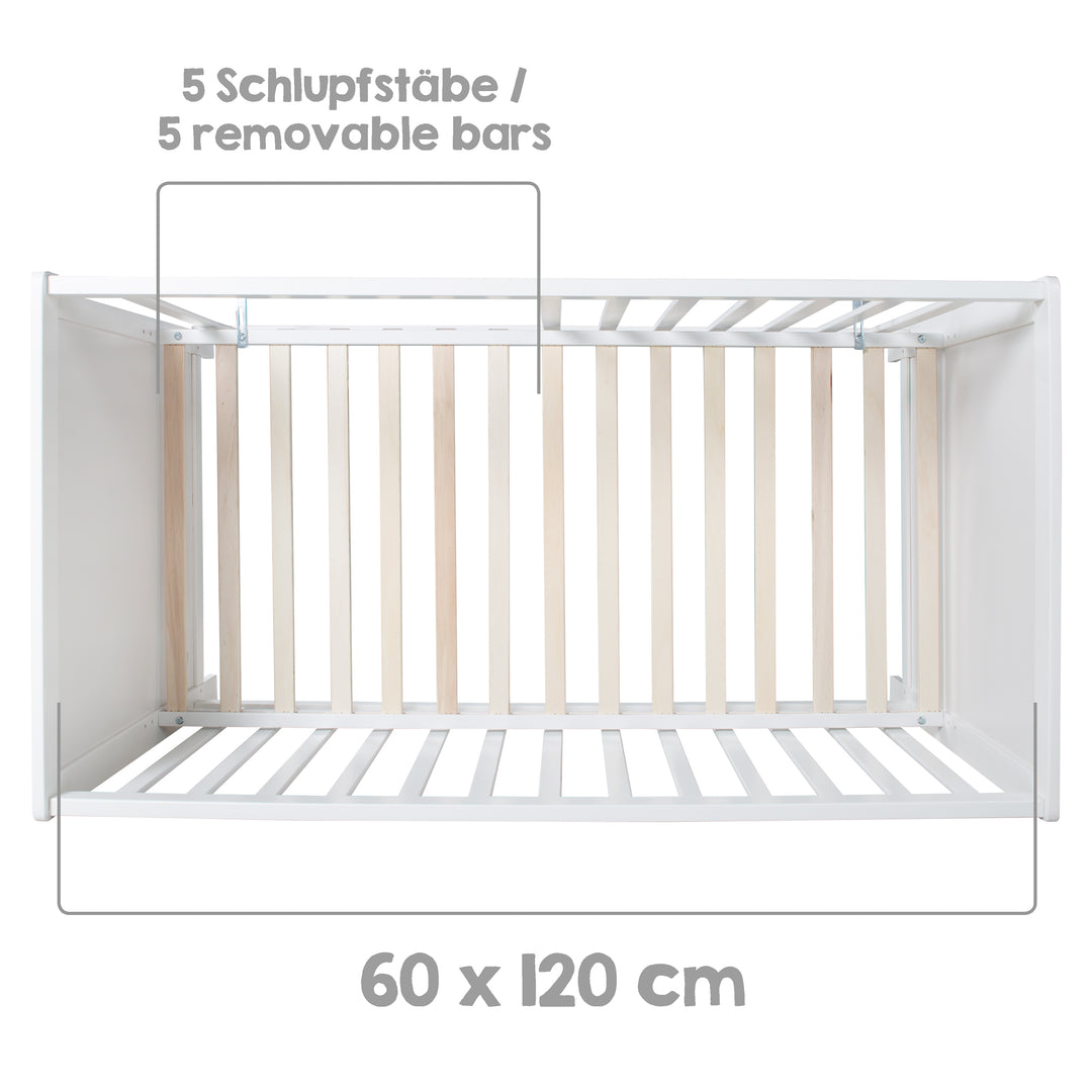 Letto multifunzione con funzione di attacco 60 x 120 cm, bianco, compresa l'attrezzatura da letto