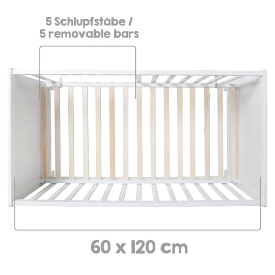 Letto multifunzione con funzione di attacco 60 x 120 cm, bianco, compresa l'attrezzatura da letto