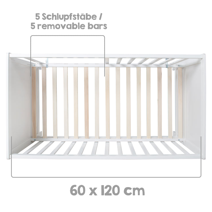 Lit multifonction avec une fonction de fixation 60 x 120 cm, blanc, y compris l'équipement de lit