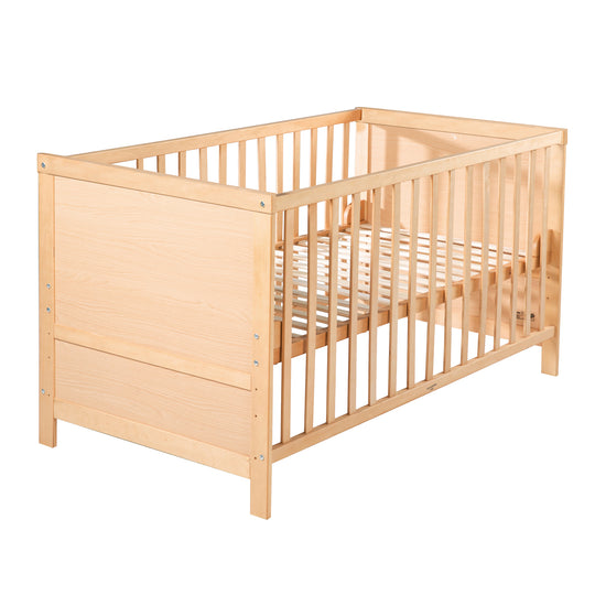 Cuna combinada, 70 x 140 cm, natural, ajustable en 3 alturas, con barrotes extraíbles, convertible en cama junior