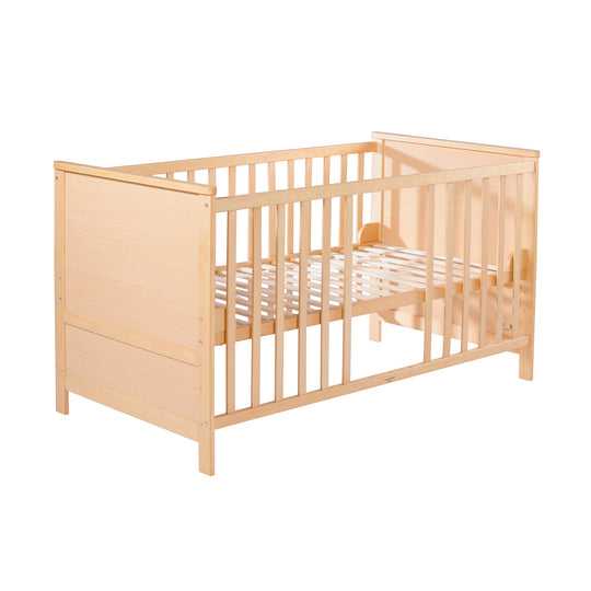 Cuna combinada, 70 x 140 cm, natural, ajustable en 3 alturas, con barrotes extraíbles, convertible en cama junior