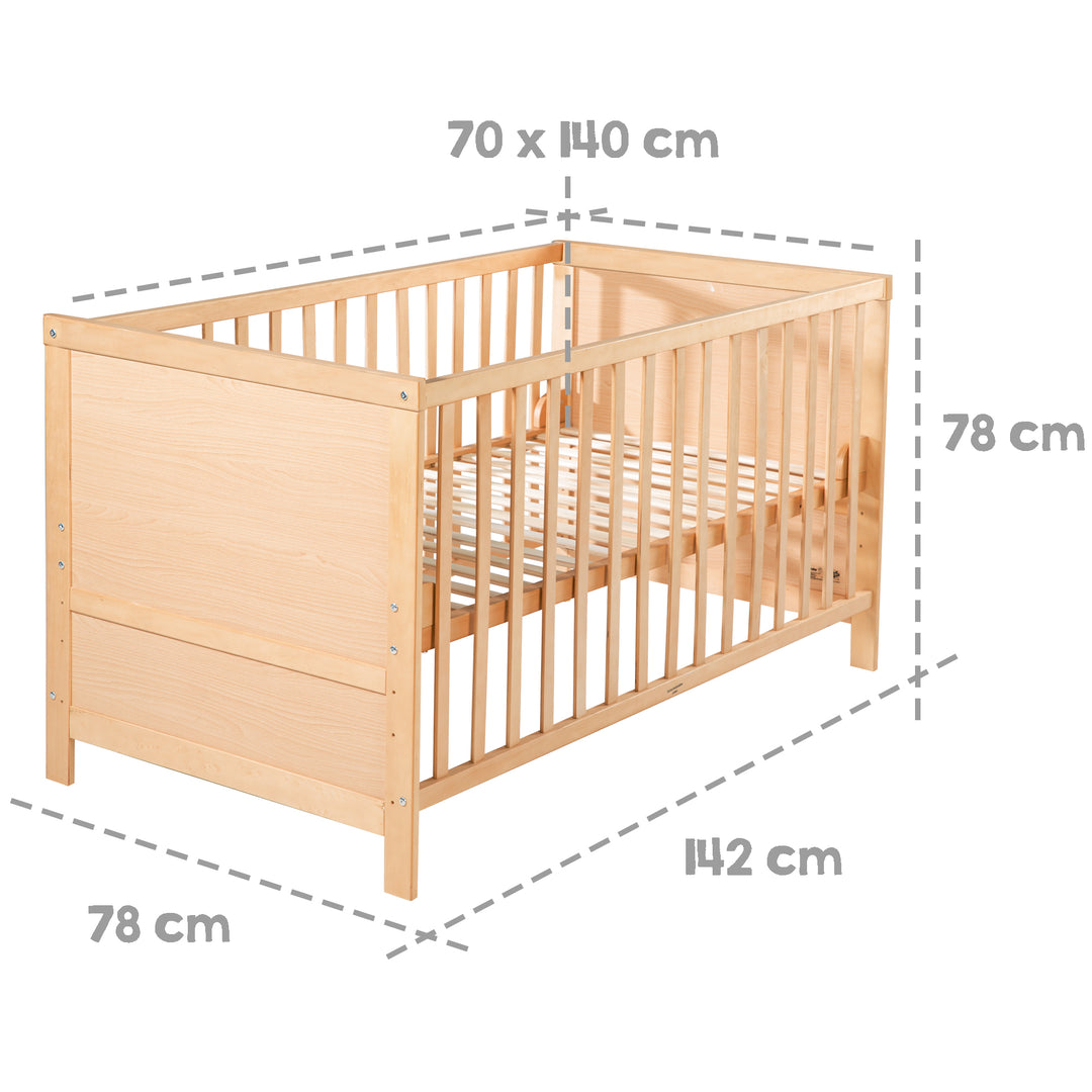 Cuna combinada, 70 x 140 cm, natural, ajustable en 3 alturas, con barrotes extraíbles, convertible en cama junior