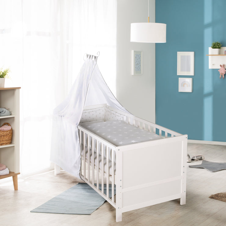 Kombi-Kinderbett, 70 x 140 cm, weiß, 3-fach verstellbar, Schlupfstäbe, umbaubar zum Juniorbett