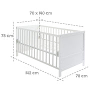 Kombi-Kinderbett, 70 x 140 cm, weiß, 3-fach verstellbar, Schlupfstäbe, umbaubar zum Juniorbett