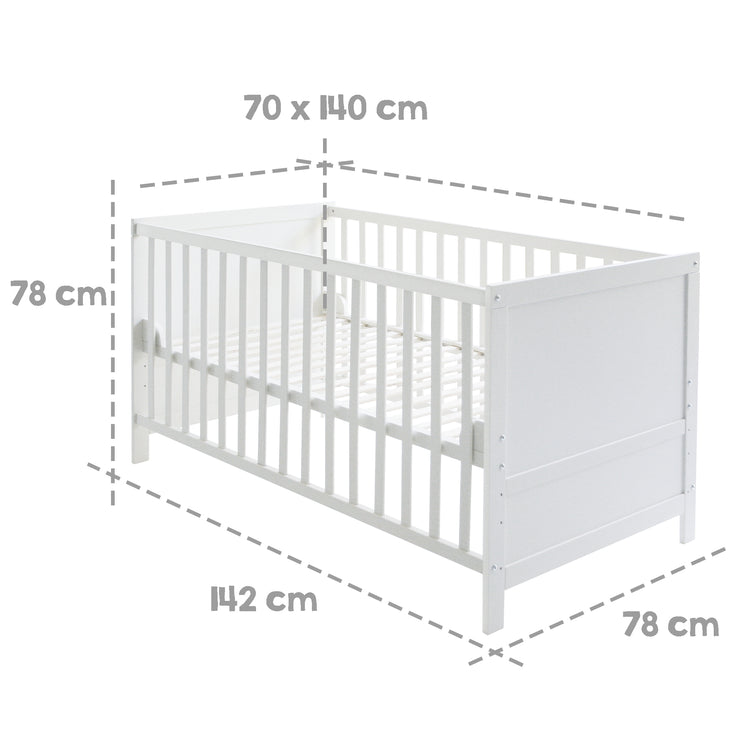 Kombi-Kinderbett, 70 x 140 cm, weiß, 3-fach verstellbar, Schlupfstäbe, umbaubar zum Juniorbett