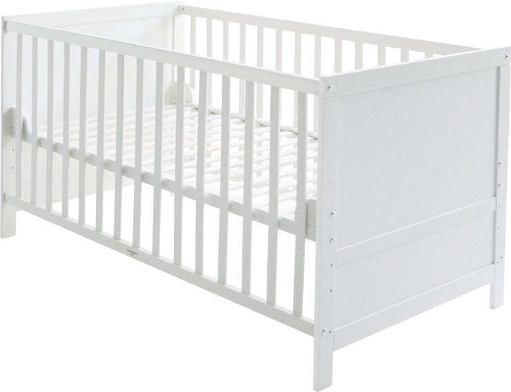 Kombi-Kinderbett, 70 x 140 cm, weiß, 3-fach verstellbar, Schlupfstäbe, umbaubar zum Juniorbett