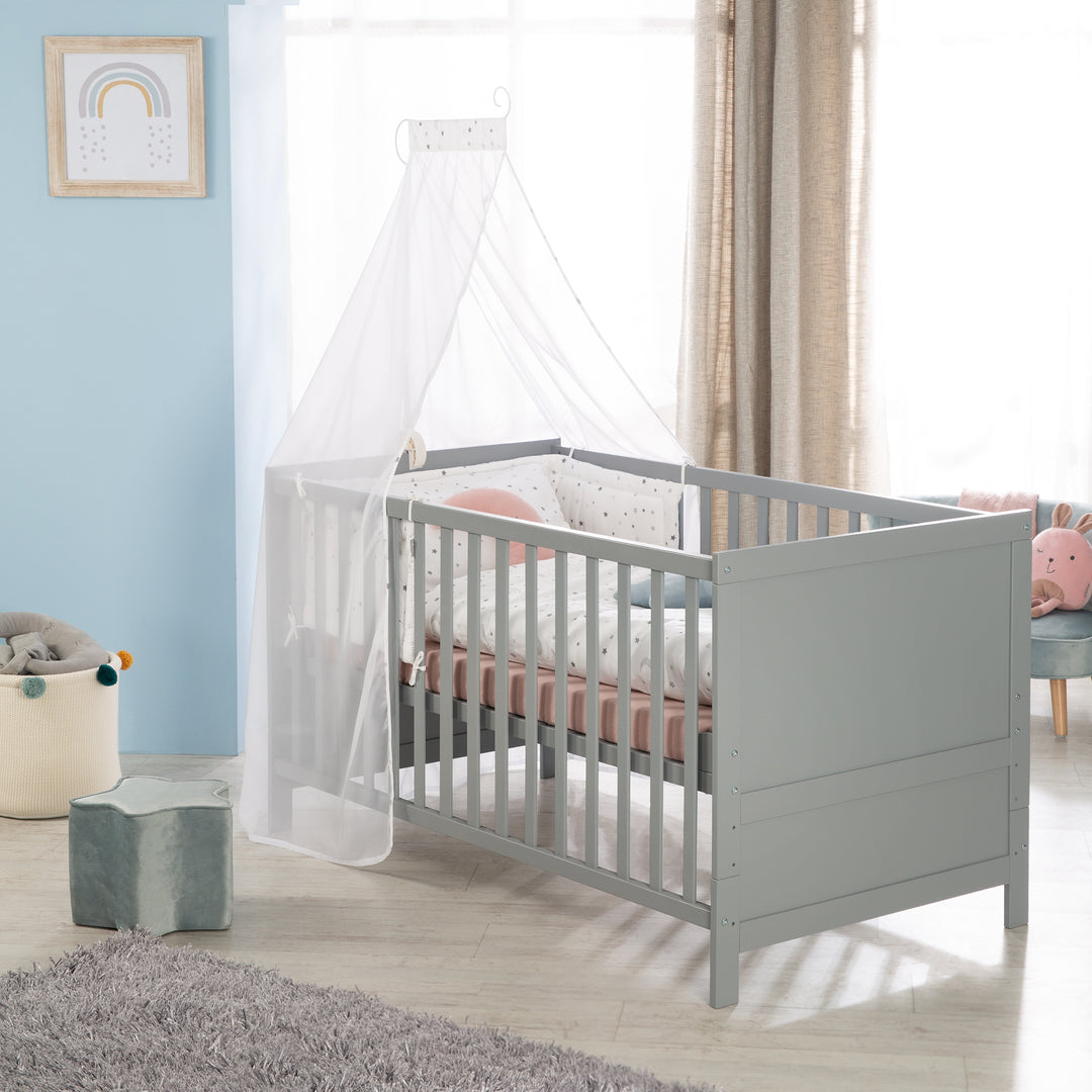 Set letto completo 'Sternenzauber' 70 x 140 cm, grigio talpa, inclusa biancheria da letto, baldacchino, nido e materasso