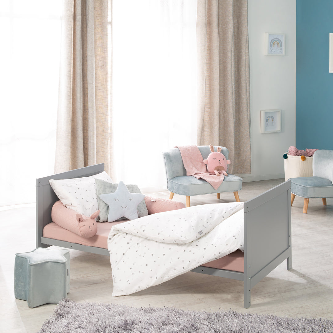 Set letto completo 'Sternenzauber' 70 x 140 cm, grigio talpa, inclusa biancheria da letto, baldacchino, nido e materasso