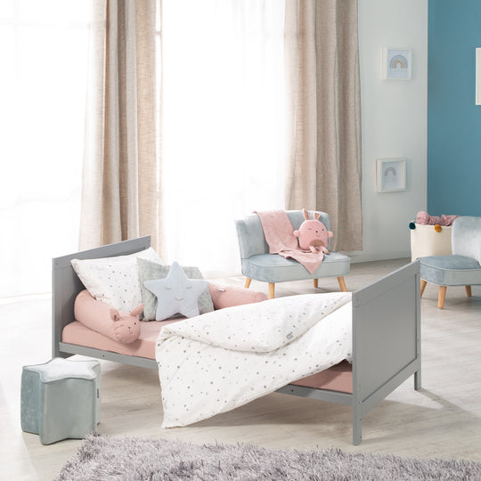 Set letto completo 'Sternenzauber' 70 x 140 cm, grigio talpa, inclusa biancheria da letto, baldacchino, nido e materasso