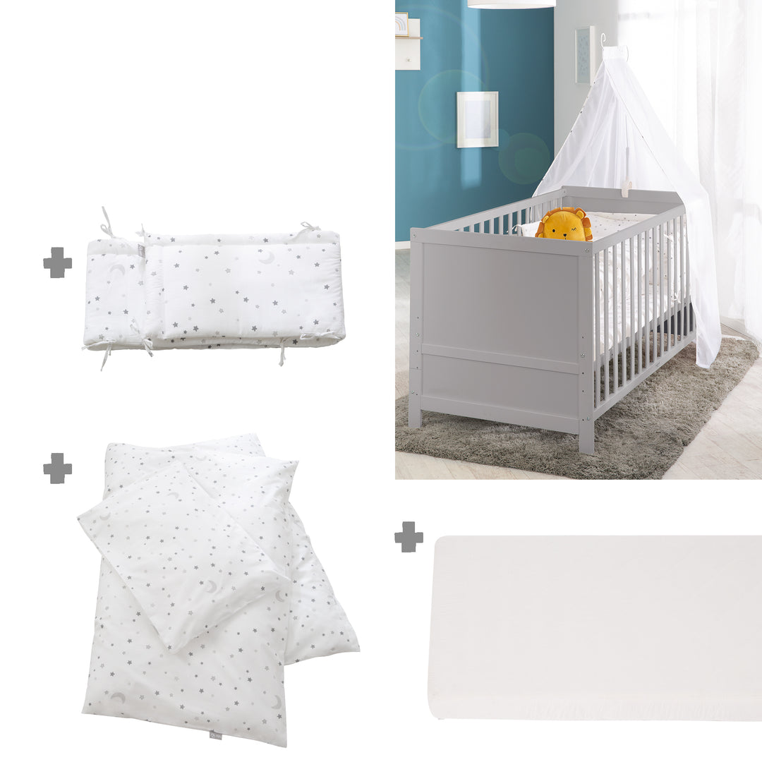 Set letto completo 'Sternenzauber' 70 x 140 cm, grigio talpa, inclusa biancheria da letto, baldacchino, nido e materasso