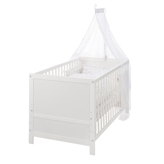 Juego completo de cuna 'Sternenzauber gris' 70 x 140 cm, blanco, incluye ropa de cama, dosel, protector y colchón